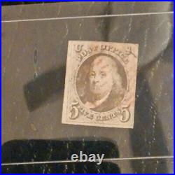 1847 US Benjamin Franklin Rare 5c Red Brown Imperf Postage Stamp-Red Cxl