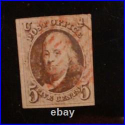 1847 US Benjamin Franklin Rare Red Brown Postage Stamp-Red Cxl Used