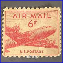 1940's RED 6 CENT U. S. Air Mail STAMP Unused Postage Aviation Airplane Plane Vtg