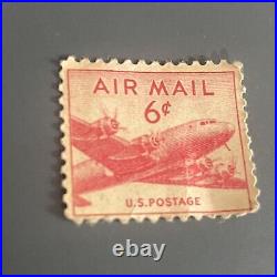 1940's RED 6 CENT U. S. Air Mail STAMP Unused Postage Aviation Airplane Plane Vtg