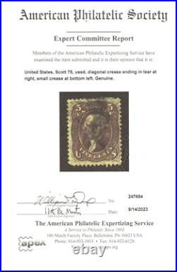 Matt's Stamps Scott #75 Red Brown 5-cent Jefferson, Used, Apex Cert, Cv$450