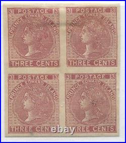 Prince Edward Island 1872 3 cent red Plate Proof block of 4 on thin paper hinged