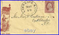 US 26a, 3 cent red orange, patriotic cover, Lawrence Mass. May 18, fancy cancel